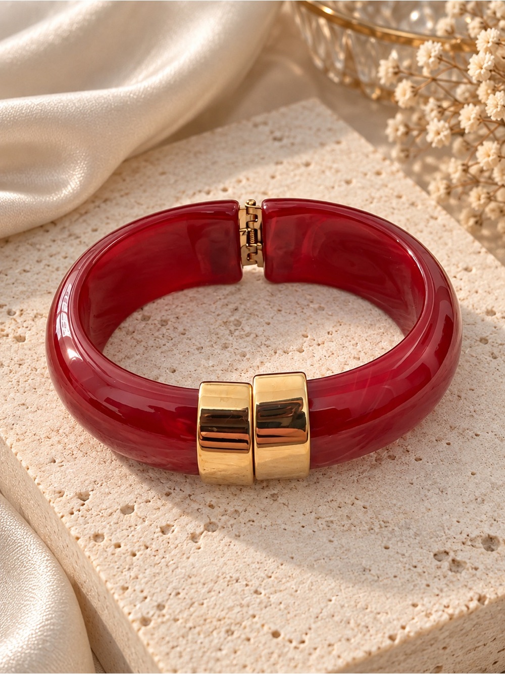 Chunky Red Bangle Bracelet with Gold Accent